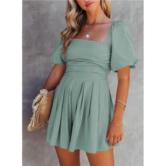 Women's Romper Cute Puff Sleeve Elastic Summer Mini Short Romper Jumpsuit - Picture 2 of 6